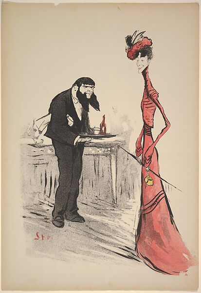 A Woman in Red and a Waiter with a Forked Beard, Georges Goursat [Sem] (French, Perigueux 1863–1934 Paris), Color lithograph 