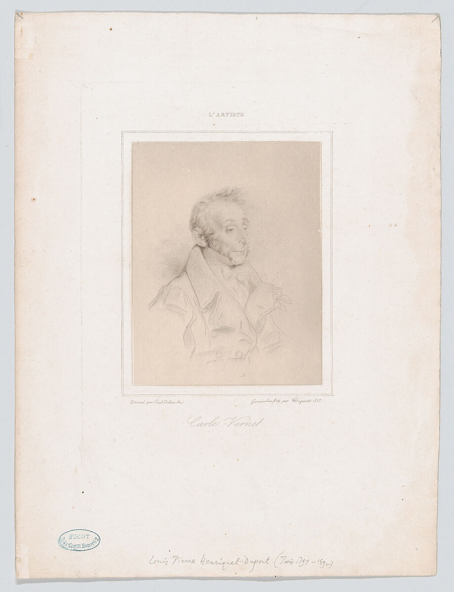 Portrait of Carle Vernet, from "L'Artiste", Louis Pierre Henriquel-Dupont (French, 1797–1892), Etching 