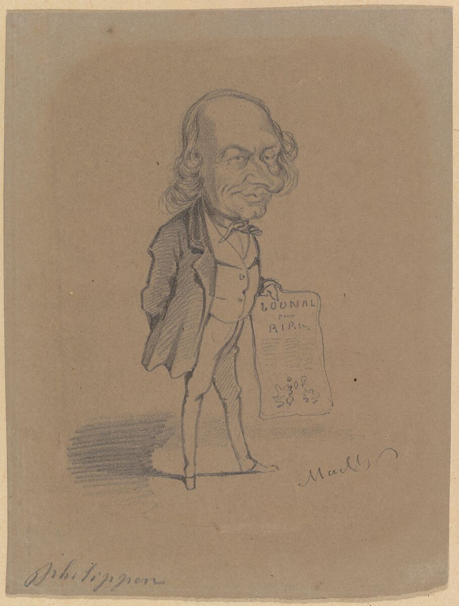 Caricature of Charles Philipon, Hippolyte Mailly (French, Villers-Cotterêts 1829–1888 Bazancourt), Black chalk on brown paper 