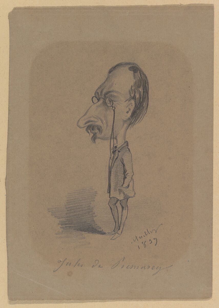 Caricature of Jules de Prémaray, Hippolyte Mailly (French, Villers-Cotterêts 1829–1888 Bazancourt), Black chalk on brown paper 