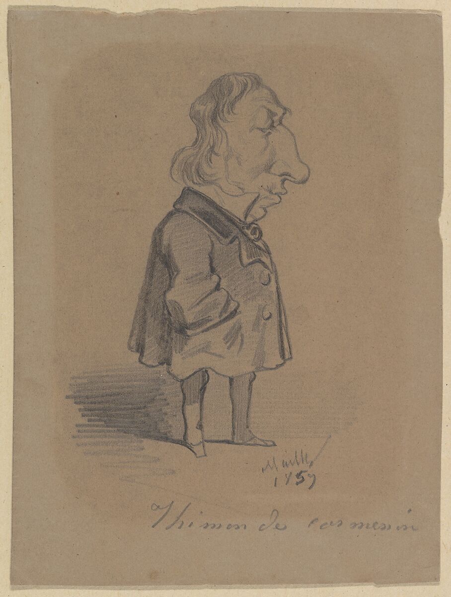 Caricature of Louis Marie de la Haye, Vicomte de Cormenin (alias Timon), Hippolyte Mailly (French, Villers-Cotterêts 1829–1888 Bazancourt), Black chalk on brown paper 