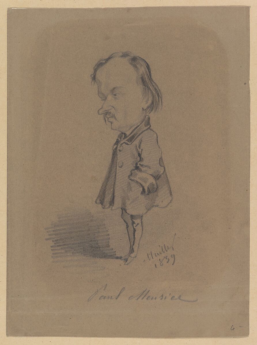 Caricature of Paul Meurice, Hippolyte Mailly (French, Villers-Cotterêts 1829–1888 Bazancourt), Black chalk on brown paper 