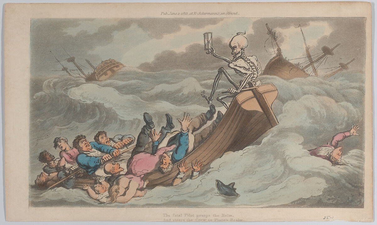 Death Turned Pilot (from The English Dance of Death, vol. II, pl. 9), Thomas Rowlandson (British, London 1757–1827 London), Hand-colored etching 