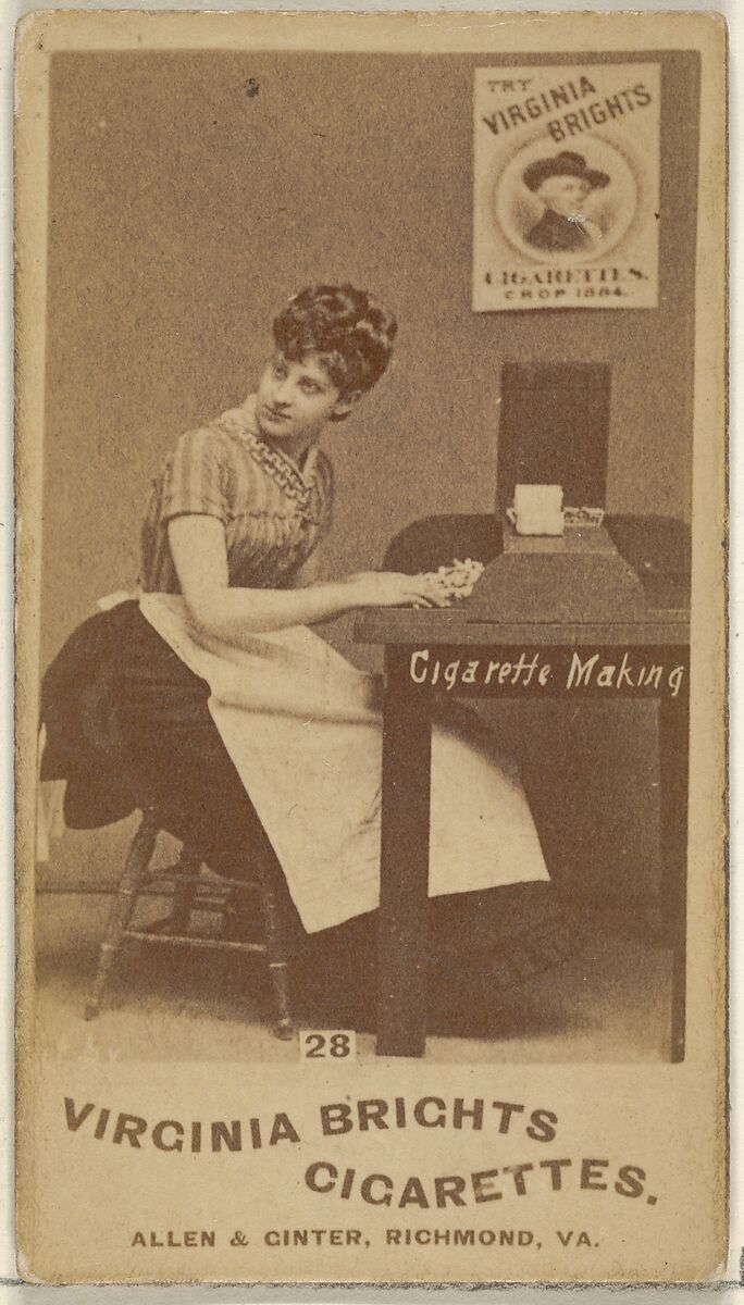 Card 28, from the series, Cigarette Making Girls (N46) for Virginia Brights Cigarettes, Issued by Allen &amp; Ginter (American, Richmond, Virginia), Albumen photograph 