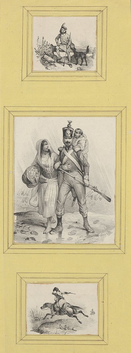 Soldiers and a Highlander (3 prints of varying size pasted onto a yellow sheet), Victor Adam (French, 1801–1866), Lithograph 