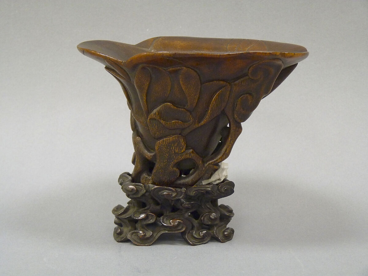 Cup, Rhinoceros horn, teakwood stand, China 