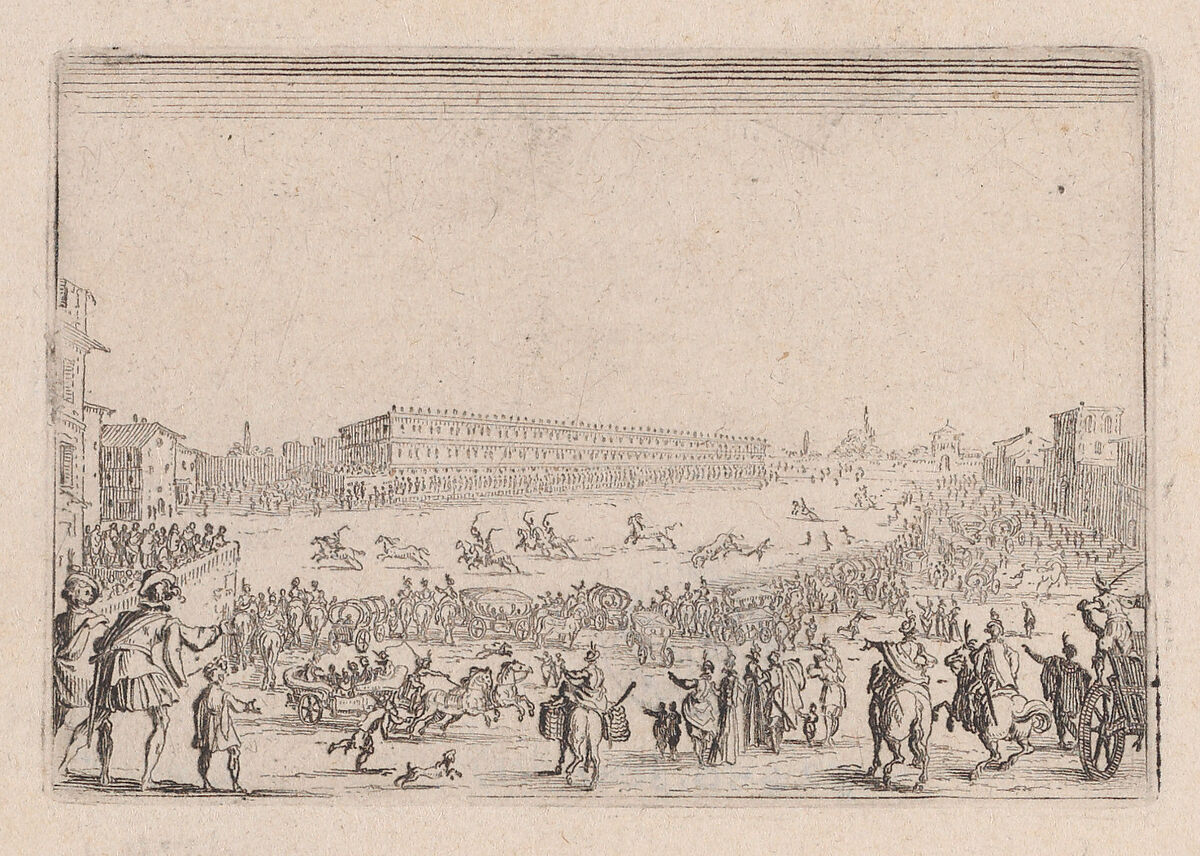 La Course de Chevaux sur la Place Pitti a Florence (The Horse Race on the Piazza Pitti in Florence), from "Les Caprices" Series B, The Nancy Set, Jacques Callot (French, Nancy 1592–1635 Nancy), Etching; first state of two (Lieure) 
