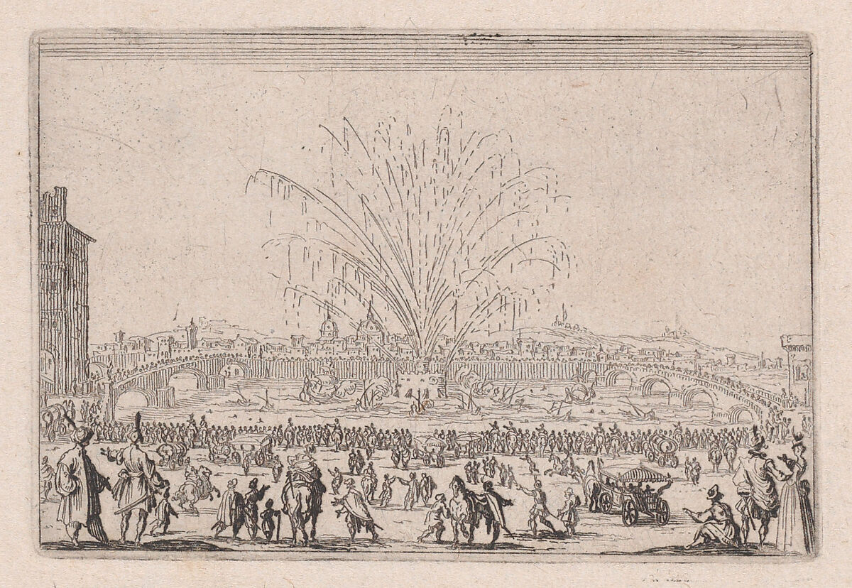 Le Feu d'Artifice sur l'Arno (Fireworks on the Arno), from "Les Caprices" Series B, The Nancy Set, Jacques Callot (French, Nancy 1592–1635 Nancy), Etching; first state of two (Lieure) 