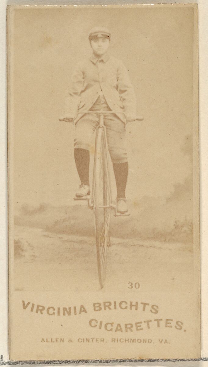 Card 30, from the Girl Cyclists series (N49) for Virginia Brights Cigarettes, Issued by Allen &amp; Ginter (American, Richmond, Virginia), Albumen photograph 