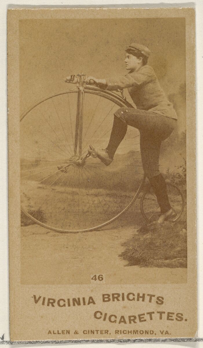 Card 46, from the Girl Cyclists series (N49) for Virginia Brights Cigarettes, Issued by Allen &amp; Ginter (American, Richmond, Virginia), Albumen photograph 
