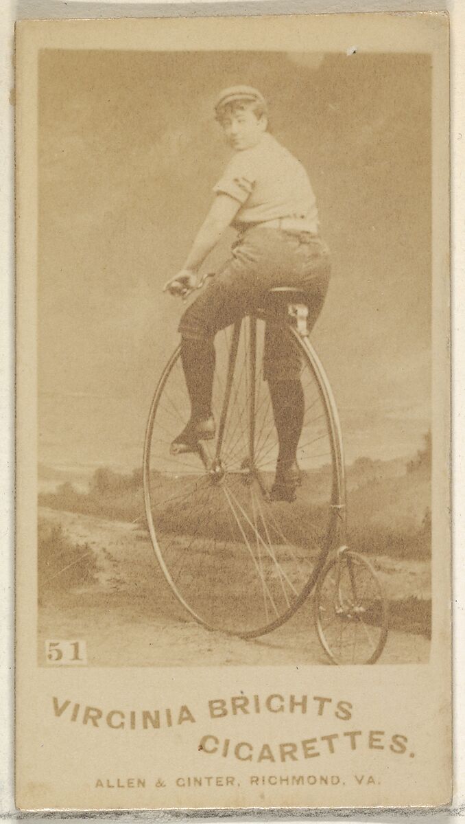 Card 51, from the Girl Cyclists series (N49) for Virginia Brights Cigarettes, Issued by Allen &amp; Ginter (American, Richmond, Virginia), Albumen photograph 