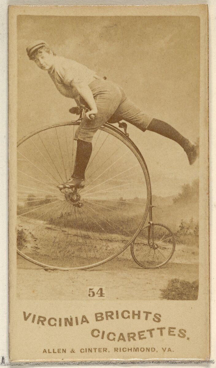 Card 54, from the Girl Cyclists series (N49) for Virginia Brights Cigarettes, Issued by Allen &amp; Ginter (American, Richmond, Virginia), Albumen photograph 