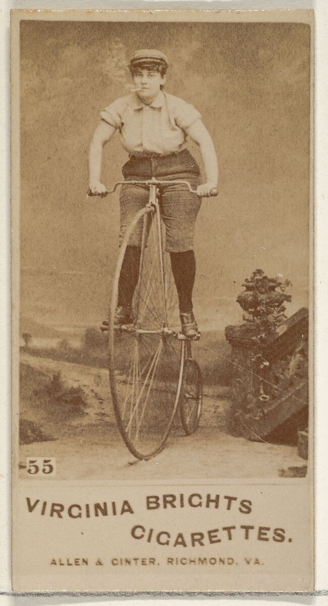 Card 55, from the Girl Cyclists series (N49) for Virginia Brights Cigarettes, Issued by Allen &amp; Ginter (American, Richmond, Virginia), Albumen photograph 