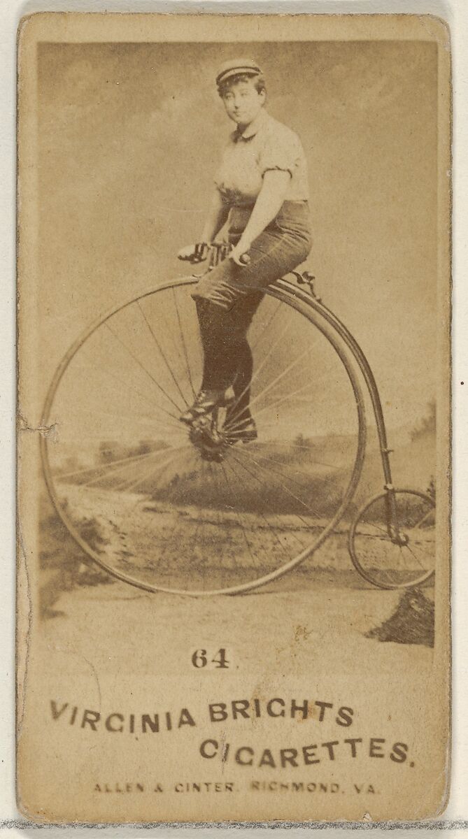 Card 64, from the Girl Cyclists series (N49) for Virginia Brights Cigarettes, Issued by Allen &amp; Ginter (American, Richmond, Virginia), Albumen photograph 
