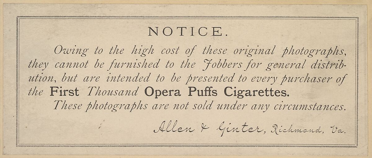 From the Actresses series (N54) for Opera Puffs Cigarettes, Issued by Allen &amp; Ginter (American, Richmond, Virginia), Albumen photograph