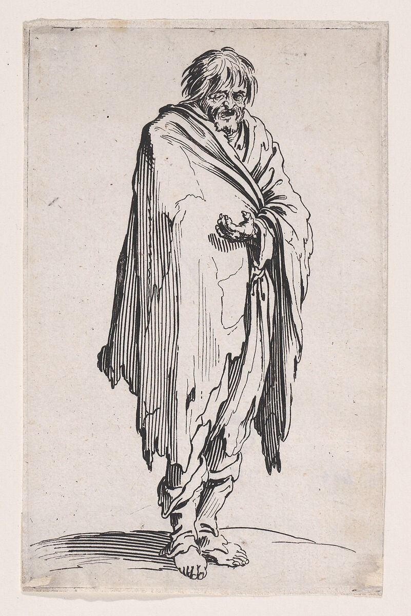 Le Mendiant a la Tête Découverte et aux Pieds Nuds (The Beggar with the Uncovered Head and Bare Feet), from "Les Gueux suite appelée aussi Les Mendiants, Les Baroni, ou Les Barons" (The Beggars, also called the Barons), Jacques Callot (French, Nancy 1592–1635 Nancy), Etching; first state of two (Lieure) 