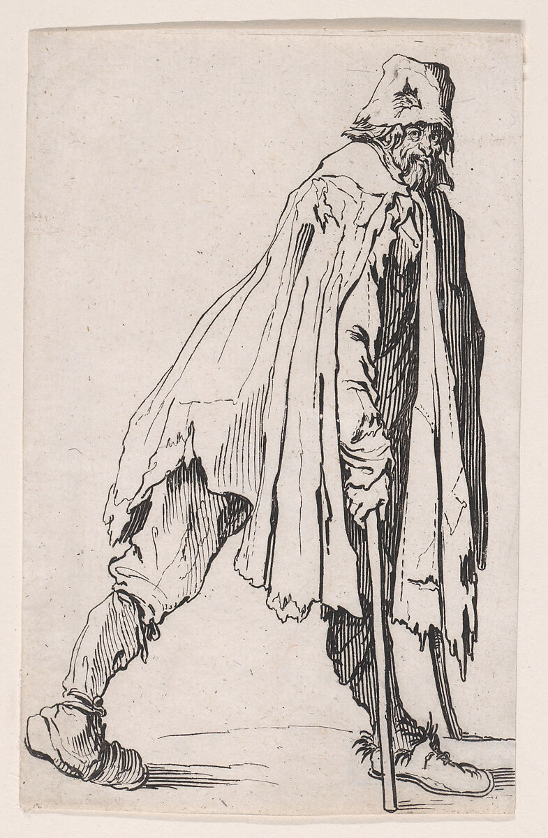 Le Mendiant aux Béquilles Coiffé d'un Bonnet (The Beggar on Crutches Wearing a Cap), from "Les Gueux suite appelée aussi Les Mendiants, Les Baroni, ou Les Barons" (The Beggars, also called the Barons), Jacques Callot (French, Nancy 1592–1635 Nancy), Etching; first state of two (Lieure) 