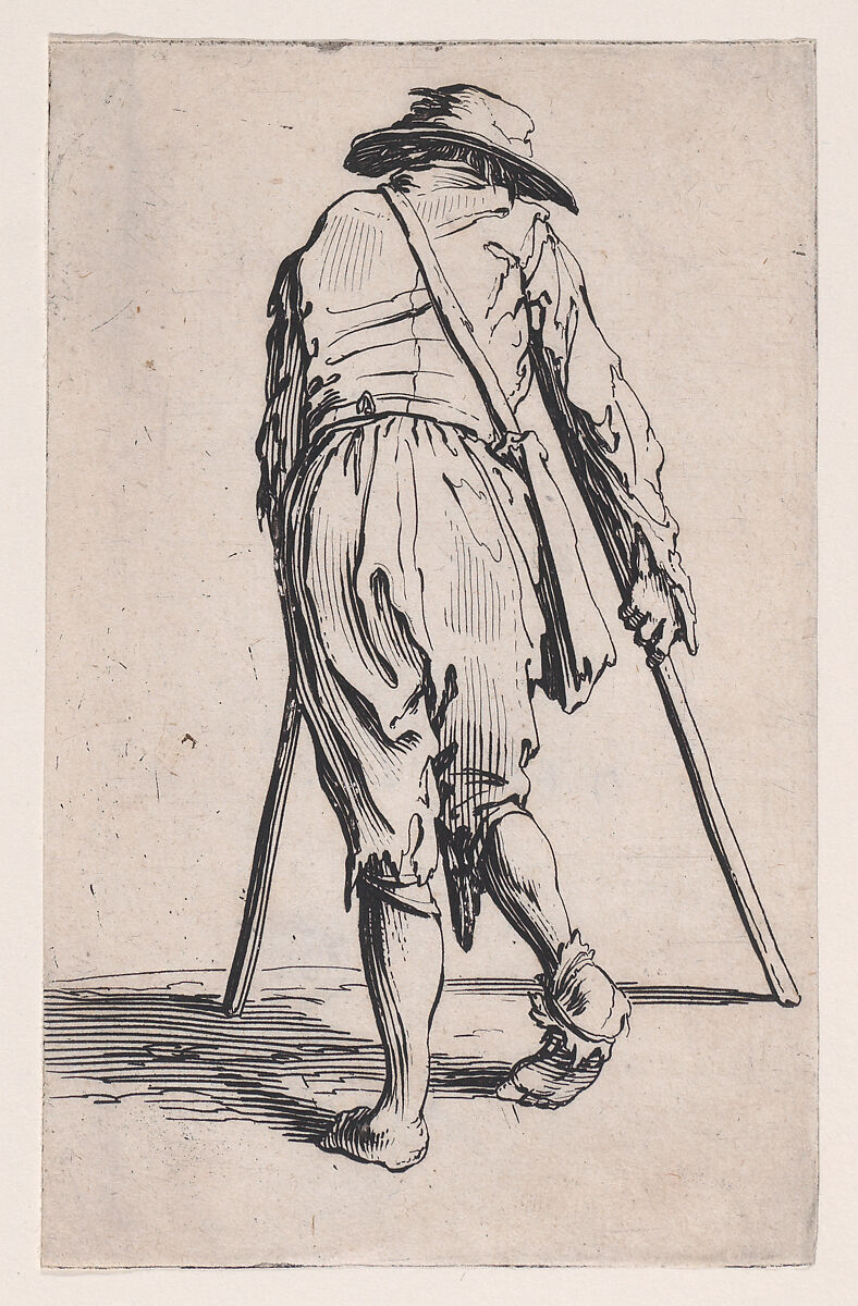 Le Mendiant aux Béquilles Coiffé d'un Chapeau et Vu de Dos (The Beggar with Crutches and a Hat Viewed from Behind), from Les Gueux suite appelée aussi Les Mendiants, Les Baroni, ou Les Barons (The Beggars, also called the Barons), Jacques Callot (French, Nancy 1592–1635 Nancy), Etching; first state of two (Lieure) 