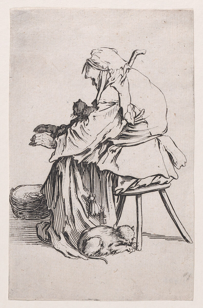 La Vieille aux Chats (The Old Woman with Cats), from "Les Gueux suite appelée aussi Les Mendiants, Les Baroni, ou Les Barons" (The Beggars, also called the Barons), Jacques Callot (French, Nancy 1592–1635 Nancy), Etching; first state of two (Lieure) 