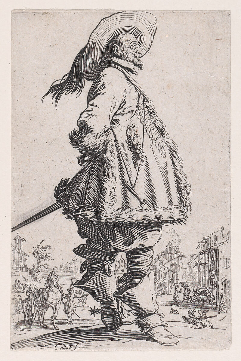 Le Gentilhomme au Manteau Bordé de Fourrures Tenant ses Mains Derrière le Dos (The Gentleman with the Fur-Lined Mantle Holding his Hands Behind his Back), from "La Noblesse" (The Nobility), Jacques Callot (French, Nancy 1592–1635 Nancy), Etching 