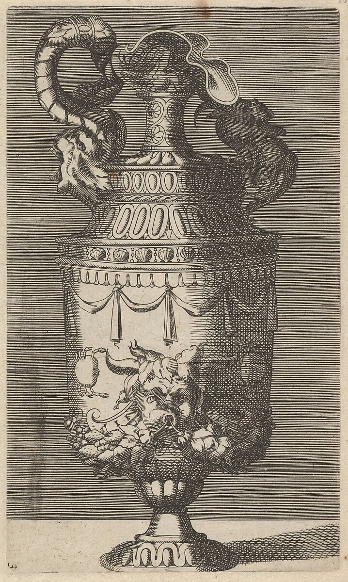 Vase with a Mask, Garlands and Two Crabs, Originally by René Boyvin (French, Angers ca. 1525–1598 or 1625/6 Angers), Engraving 