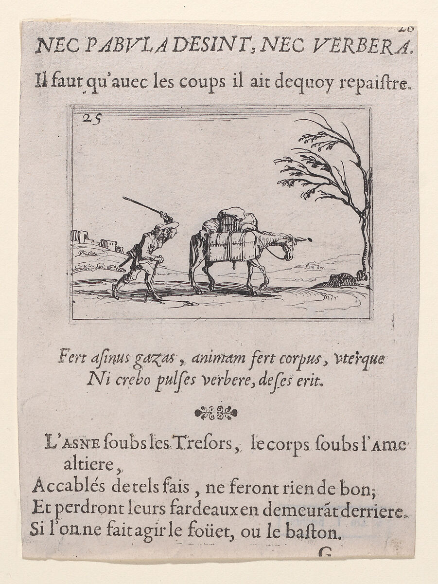 Le Paysan Frappant son Ane (The Peasant Striking his Donkey), plate 25 from "Lux Claustri ou La Lumière du Cloitre" (The Light of the Cloisters), Jacques Callot (French, Nancy 1592–1635 Nancy), Etching and letterpress; second state of two (Lieure) 