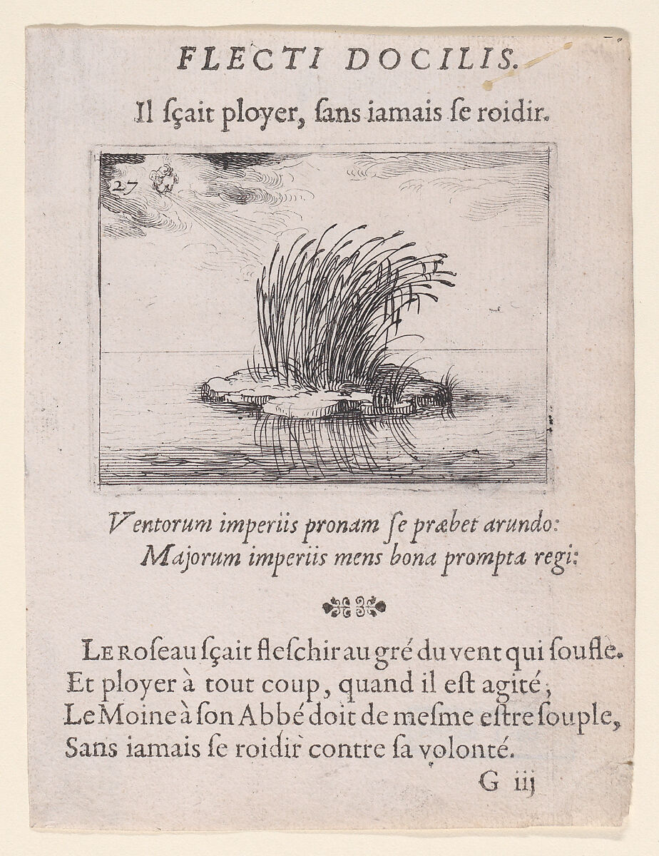Les Roseaux et Le Vent (The Reed and The Wind), plate 27 from "Lux Claustri ou La Lumière du Cloitre" (The Light of the Cloisters), Jacques Callot (French, Nancy 1592–1635 Nancy), Etching and letterpress; second state of two (Lieure) 