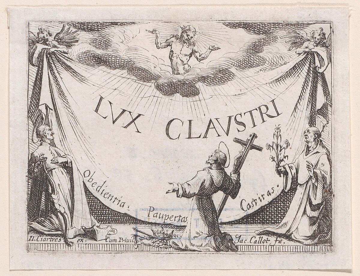 Frontispiece, from Lux Claustri ou La Lumière du Cloitre (The Light of the Cloisters), Jacques Callot (French, Nancy 1592–1635 Nancy), Etching; second state of two (Lieure) 