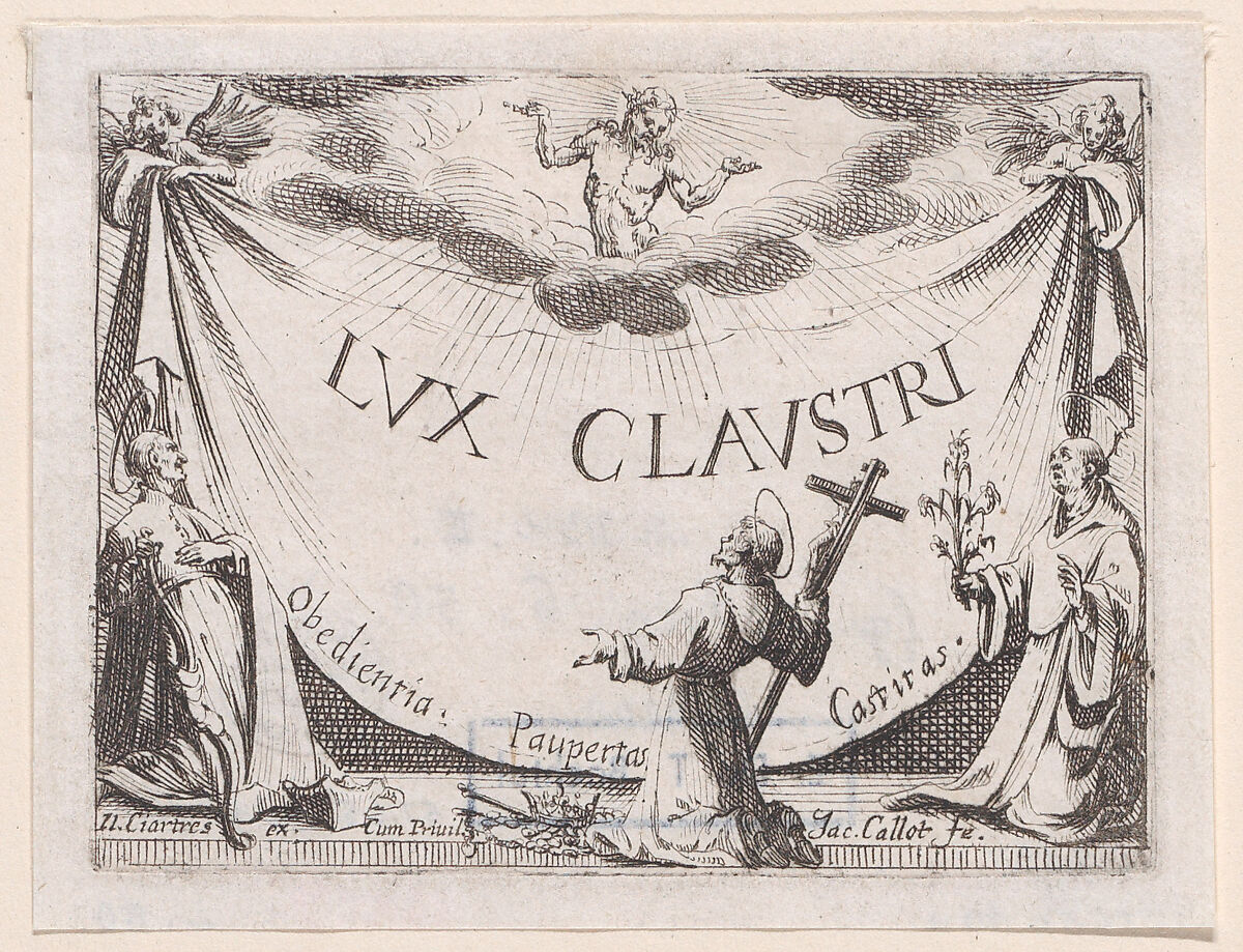 Frontispiece, from "Lux Claustri ou La Lumière du Cloitre" (The Light of the Cloisters), Jacques Callot (French, Nancy 1592–1635 Nancy), Etching; second state of two (Lieure) 