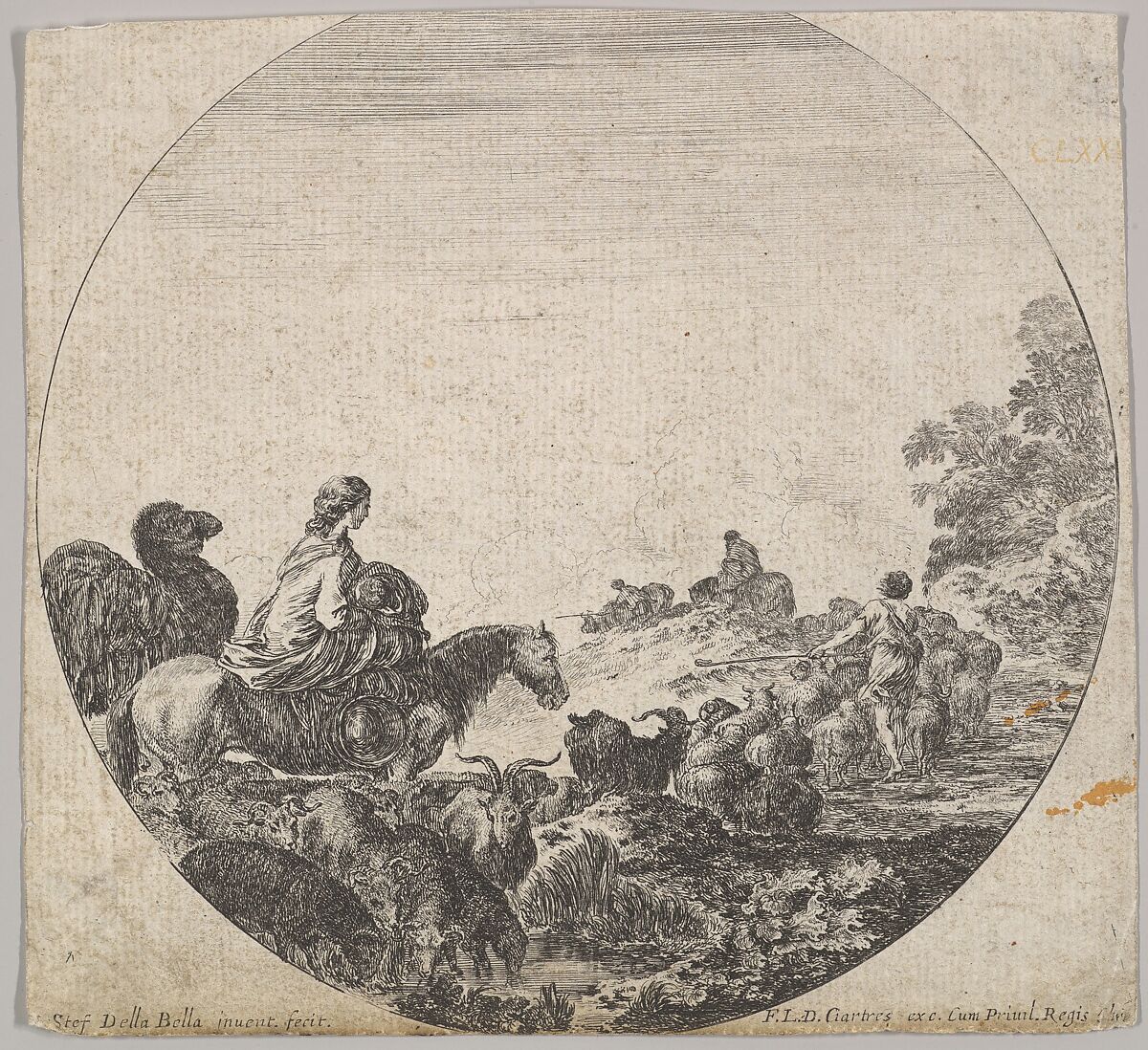 Plate 5: a woman carrying a child on a horse to left, a camel following her, a herd of goats, sheep, and a shepherd in front of her to right, a round composition, from 'Roman landscapes and ruins' (Paysages et ruines de Rome), Stefano della Bella (Italian, Florence 1610–1664 Florence), Etching 