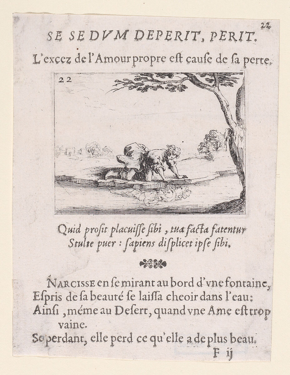 Narcisse se Mirant dans l'Eau (Narcissus Looking at Himself in the Water), plate 22 from "Lux Claustri ou La Lumière du Cloitre" (The Light of the Cloisters), Jacques Callot (French, Nancy 1592–1635 Nancy), Etching and letterpress; second state of two (Lieure) 