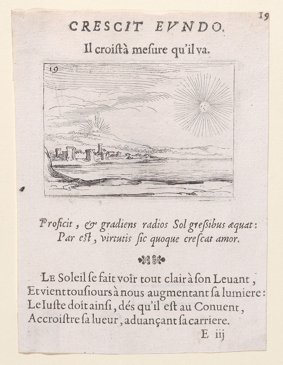 Le Soleil Levant (The Rising Sun), plate 19 from "Lux Claustri ou La Lumière du Cloitre" (The Light of the Cloisters), Jacques Callot (French, Nancy 1592–1635 Nancy), Etching and letterpress; second state of two (Lieure) 
