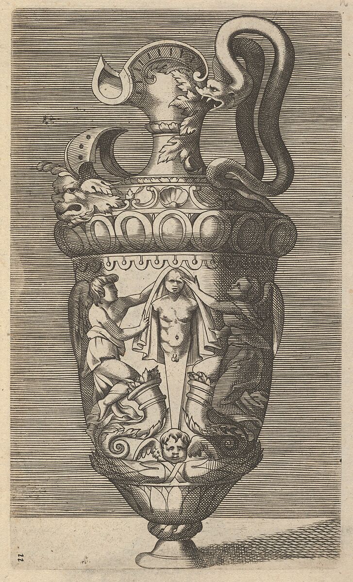 Vase with Two Winged Figures Draping a Term, Originally by René Boyvin (French, Angers ca. 1525–1598 or 1625/6 Angers), Engraving 