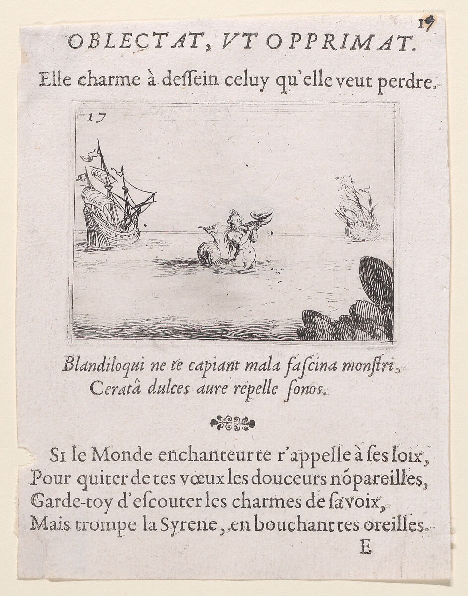 Une Sirène entre deux Vaisseaux (A Siren Between Two Ships), plate 17 from "Lux Claustri ou La Lumière du Cloitre" (The Light of the Cloisters), Jacques Callot (French, Nancy 1592–1635 Nancy), Etching and letterpress; second state of two (Lieure) 