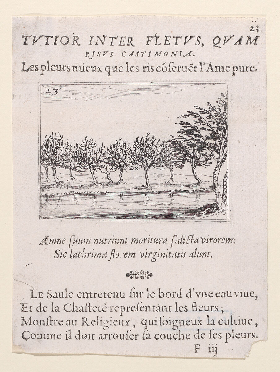 Le Saules au Bord de l'Eau (The Willows at the Waterfront), plate 23 from "Lux Claustri ou La Lumière du Cloitre" (The Light of the Cloisters), Jacques Callot (French, Nancy 1592–1635 Nancy), Etching and letterpress; second state of two (Lieure) 