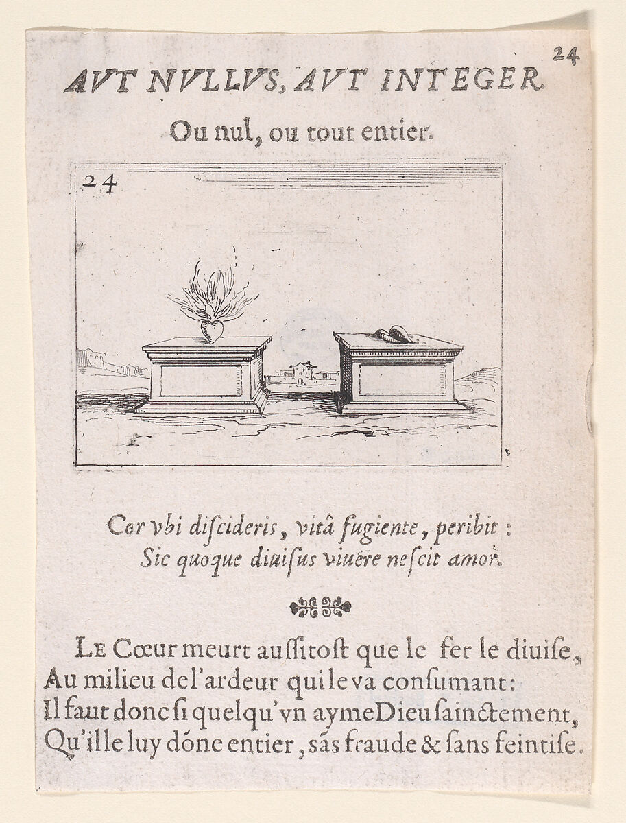 Les Deux Coeurs (The Two Hearts), plate 24 from "Lux Claustri ou La Lumière du Cloitre" (The Light of the Cloisters), Jacques Callot (French, Nancy 1592–1635 Nancy), Etching and letterpress; second state of two (Lieure) 