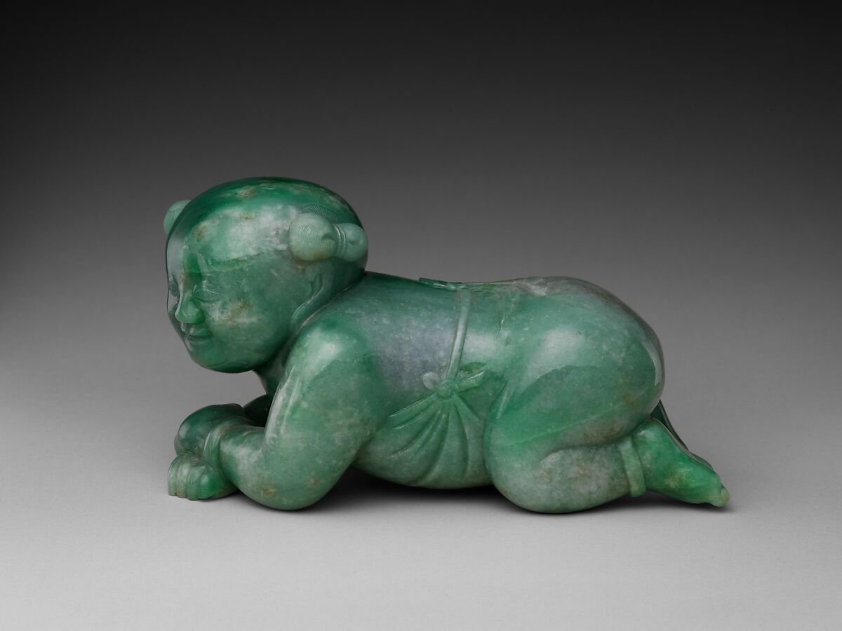 Pillow in the shape of an infant boy, Jade (jadeite), China