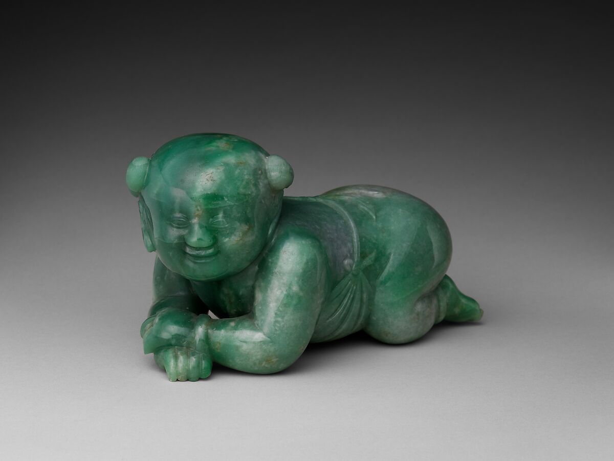 Pillow in the shape of an infant boy, Jade (jadeite), China 