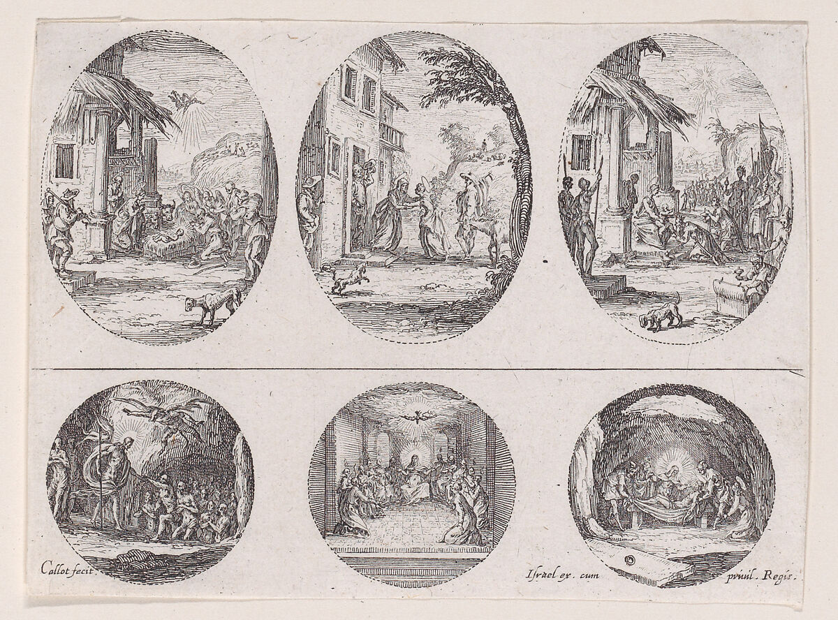 Plate Containing Three Oval Medallions, from "Variae tum Passionis Christi tum vitae beatae Mariae Virginis; Les Mystères de la Passion suite appelée aussi Mystères de la Vie de Jésus et Mystères de la Vie de Jésus et de la Vie de la Ste. Vierge" (The Mysteries of the Passion, also called the Mysteries of the Life of Jesus, and the Mysteries of the Life of Jesus and of the Virgin), Jacques Callot (French, Nancy 1592–1635 Nancy), Etching and engraving; second state of two (Lieure) 