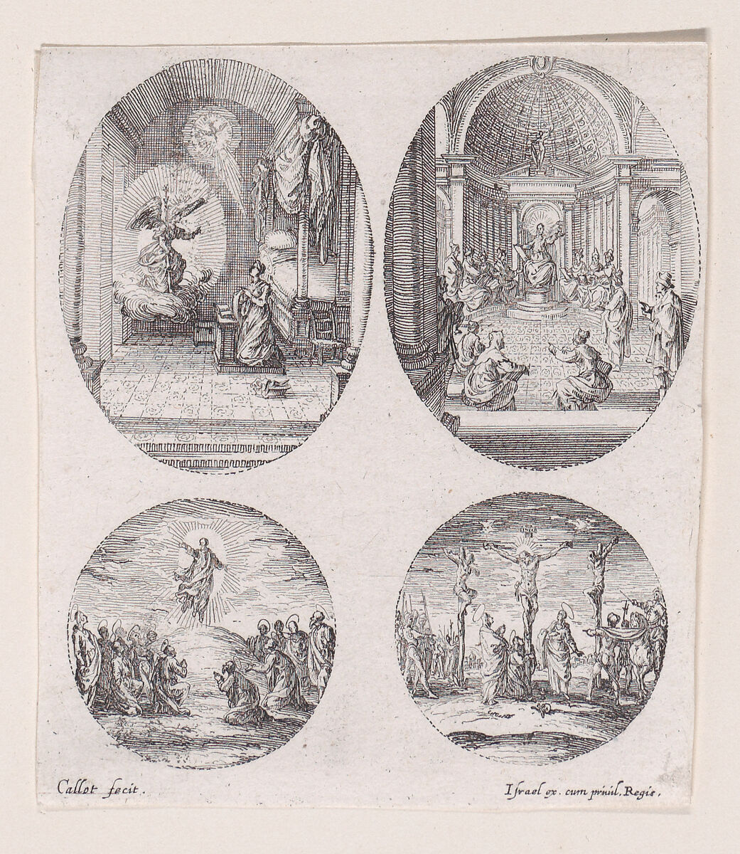 Plate Containing Three Oval Medallions, from "Variae tum Passionis Christi tum vitae beatae Mariae Virginis; Les Mystères de la Passion suite appelée aussi Mystères de la Vie de Jésus et Mystères de la Vie de Jésus et de la Vie de la Ste. Vierge" (The Mysteries of the Passion, also called the Mysteries of the Life of Jesus, and the Mysteries of the Life of Jesus and of the Virgin), Jacques Callot (French, Nancy 1592–1635 Nancy), Etching and engraving; second state of two (Lieure) 