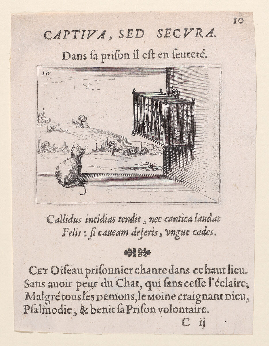 Le Chat Guettant L'Oiseau en Cage (The Cat Watching the Bird in the Cage), plate 10 from "Lux Claustri ou La Lumière du Cloitre" (The Light of the Cloisters), Jacques Callot (French, Nancy 1592–1635 Nancy), Etching and letterpress; second state of two (Lieure) 