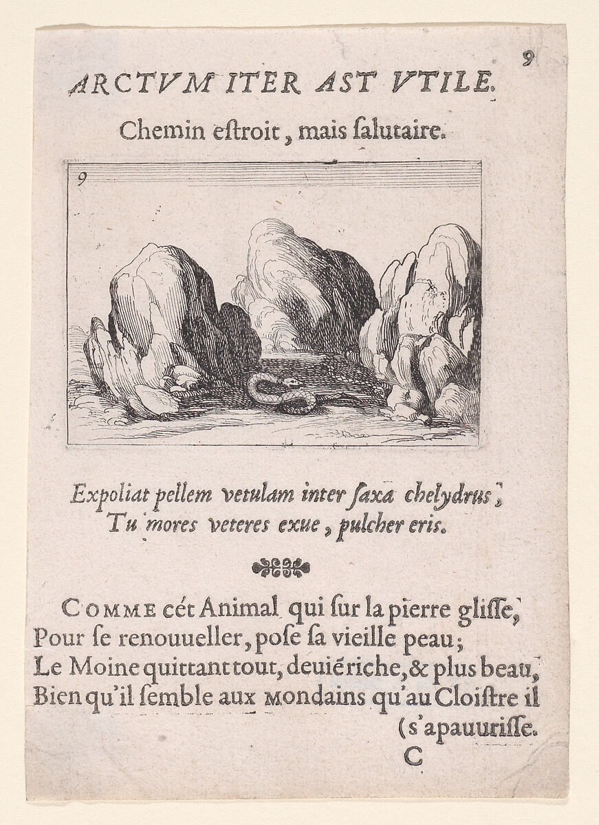 Le Serpent (The Serpent), plate 9 from "Lux Claustri ou La Lumière du Cloitre" (The Light of the Cloisters), Jacques Callot (French, Nancy 1592–1635 Nancy), Etching and letterpress; second state of two (Lieure) 