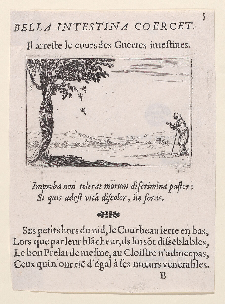 Le Corbeau et ses Petits (The Raven and its Young), plate 5 from "Lux Claustri ou La Lumière du Cloitre" (The Light of the Cloisters), Jacques Callot (French, Nancy 1592–1635 Nancy), Etching and letterpress; second state of two (Lieure) 