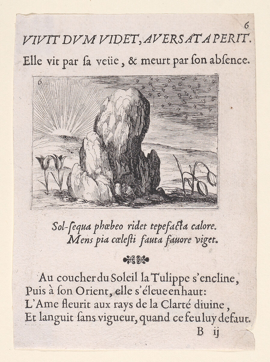 Les Tulipes et le Soleil (The Tulips and the Sun), plate 6 from "Lux Claustri ou La Lumière du Cloitre" (The Light of the Cloisters), Jacques Callot (French, Nancy 1592–1635 Nancy), Etching and letterpress; second state of two (Lieure) 