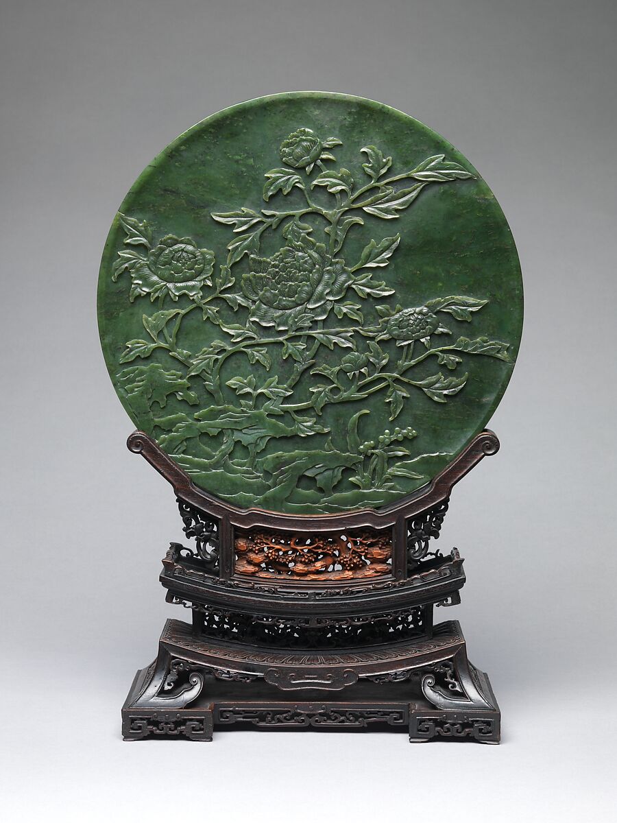 Table Screen with Tree Peonies, Jade (nephrite); rosewood stand, China 