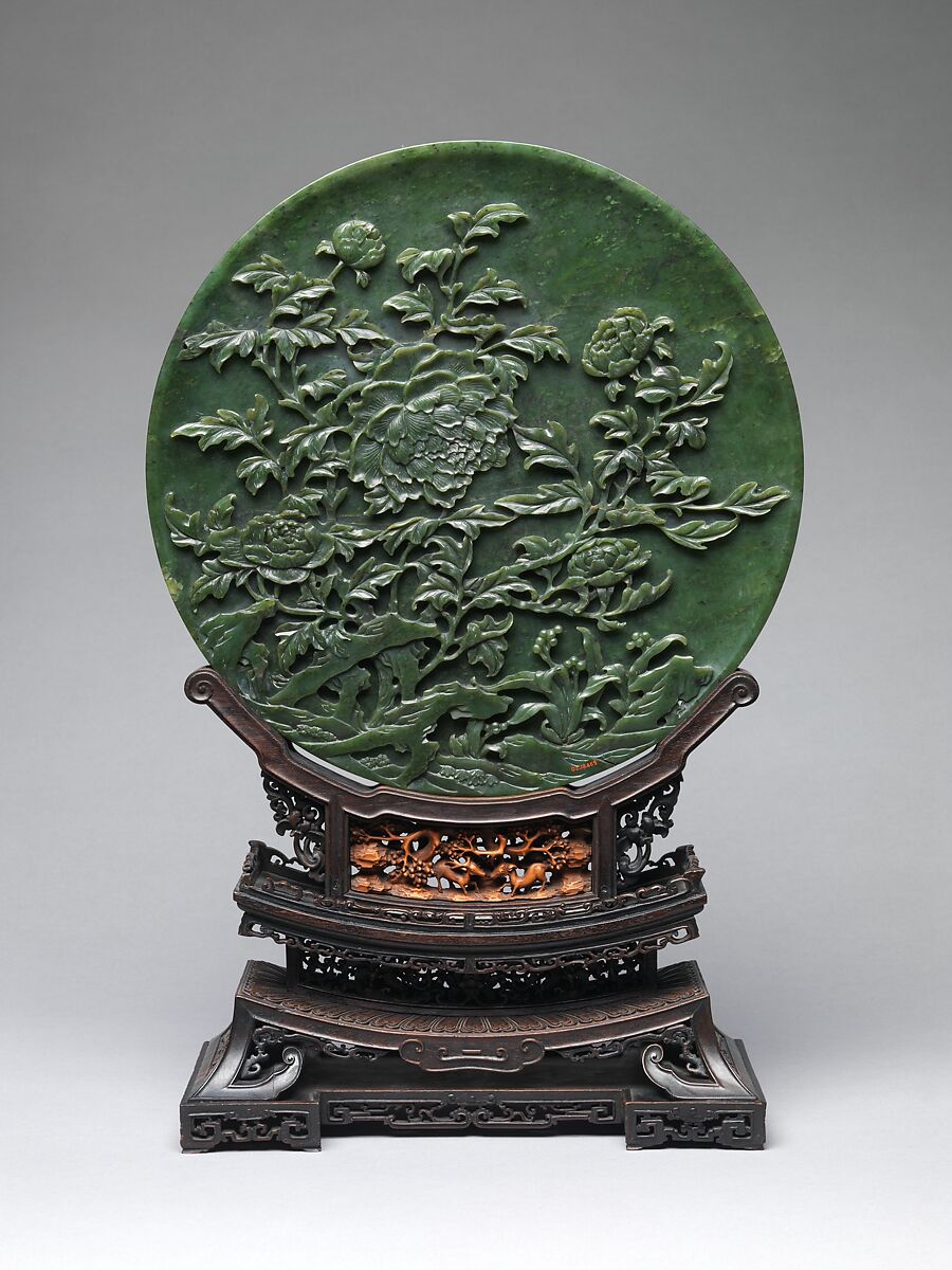 Table Screen with Tree Peonies, Jade (nephrite); rosewood stand, China