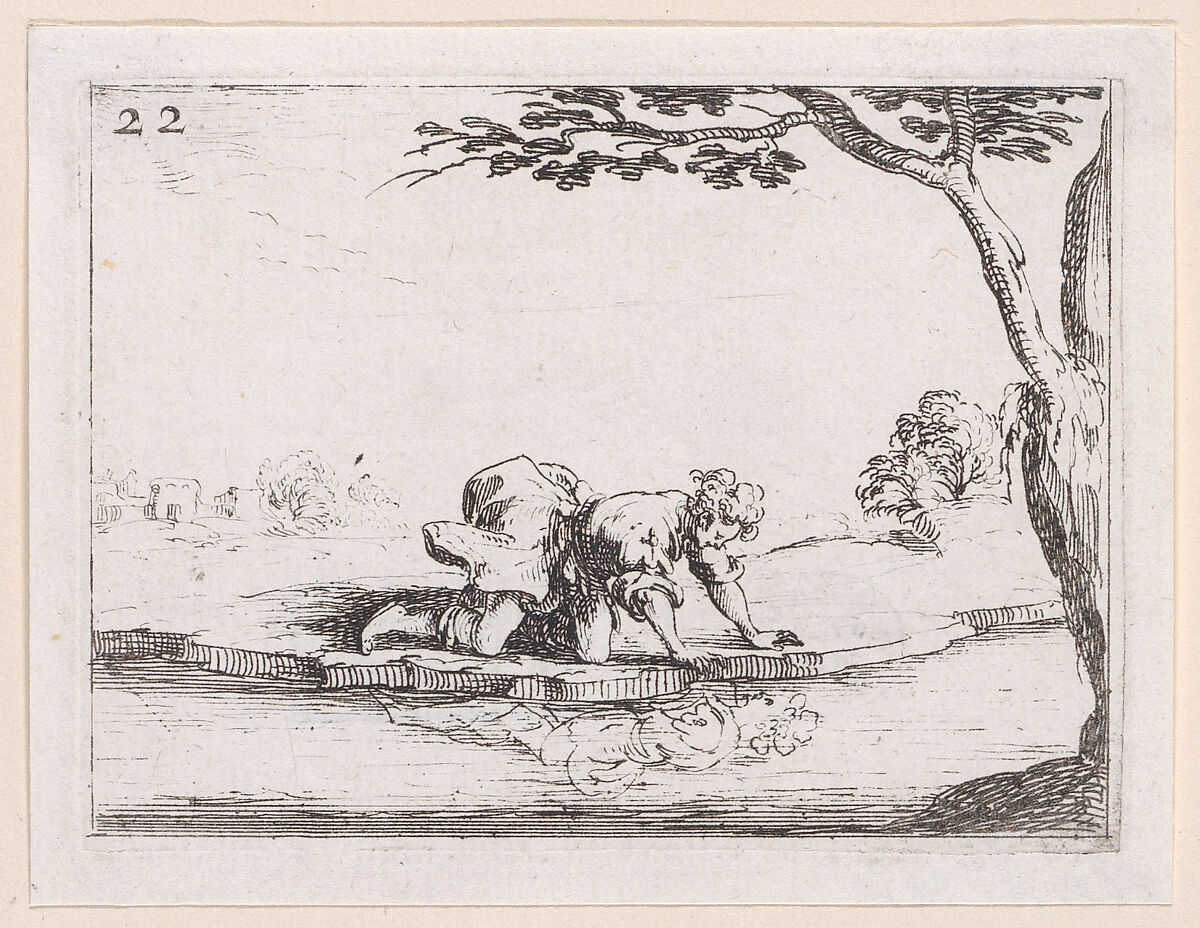 Narcisse se Mirant dans l'Eau (Narcissus Looking at Himself in the Water), plate 22 from "Lux Claustri ou La Lumière du Cloitre" (The Light of the Cloisters), Jacques Callot (French, Nancy 1592–1635 Nancy), Etching; second state of two (Lieure) 