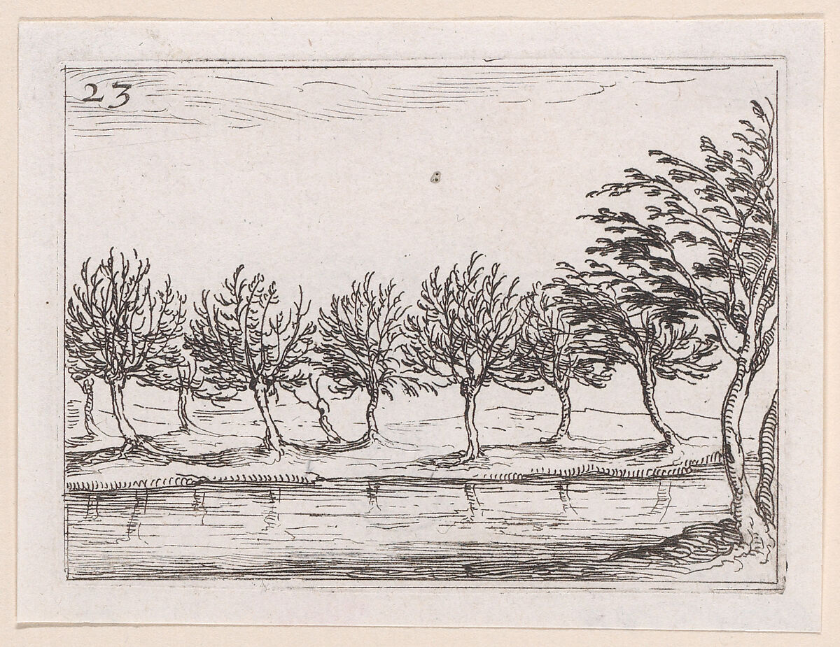 Le Saules au Bord de l'Eau (The Willows at the Waterfront), plate 23 from "Lux Claustri ou La Lumière du Cloitre" (The Light of the Cloisters), Jacques Callot (French, Nancy 1592–1635 Nancy), Etching; second state of two (Lieure) 