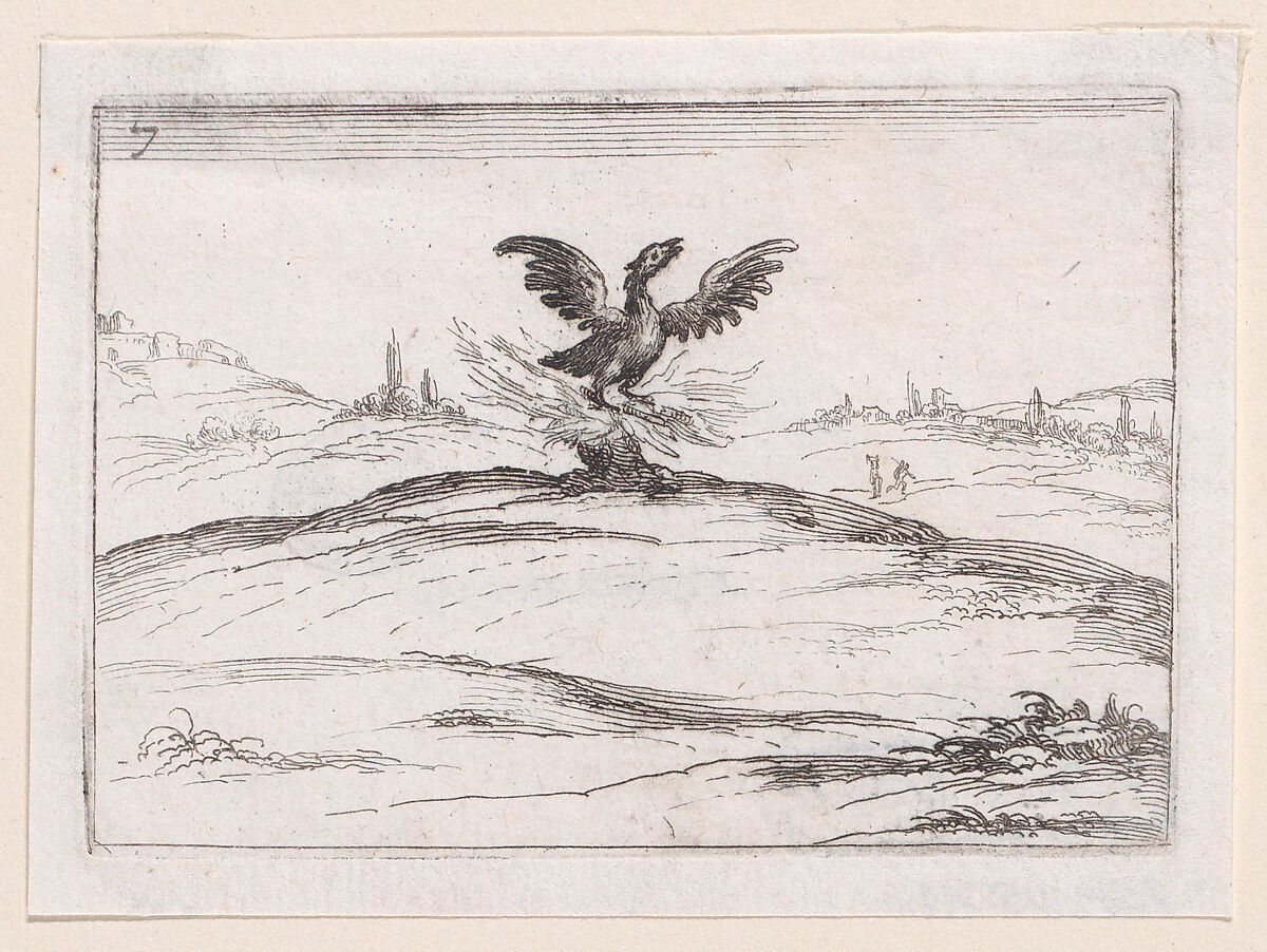 Le Phénix se Brulant (The Phoenix is Burning), plate 7 from "Lux Claustri ou La Lumière du Cloitre" (The Light of the Cloisters), Jacques Callot (French, Nancy 1592–1635 Nancy), Etching; second state of two (Lieure) 