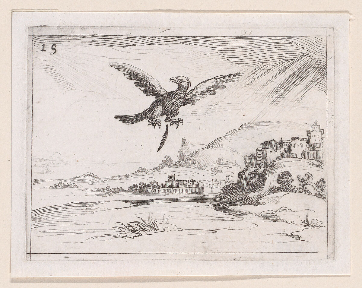 Un Aigle Jetant une Vieille Plume (An Eagle Dropping an Old Feather), plate 15 from "Lux Claustri ou La Lumière du Cloitre" (The Light of the Cloisters), Jacques Callot (French, Nancy 1592–1635 Nancy), Etching; second state of two (Lieure) 